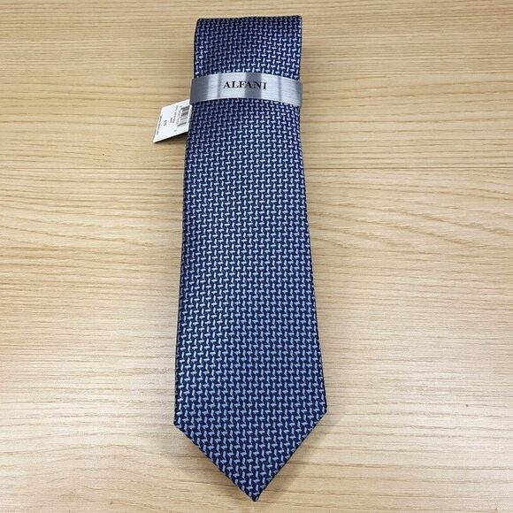 ALFANI Mens Neck Tie Blue Micro Herringbone Satin Pointed Classic - Picture 1 of 4